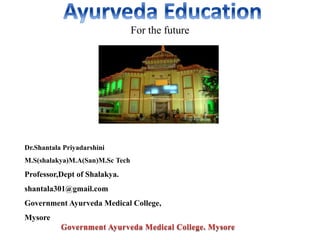 For the future
Dr.Shantala Priyadarshini
M.S(shalakya)M.A(San)M.Sc Tech
Professor,Dept of Shalakya.
shantala301@gmail.com
Government Ayurveda Medical College,
Mysore
 