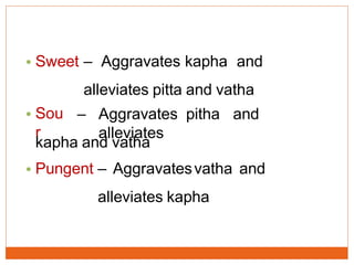 • Sweet – Aggravates kapha and
alleviates pitta and vatha
• Sou
r
– Aggravates pitha and
alleviates
kapha and vatha
• Pungent – Aggravatesvatha and
alleviates kapha
 