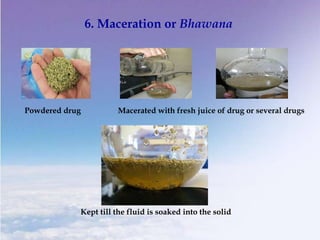 6. Maceration or Bhawana
Powdered drug Macerated with fresh juice of drug or several drugs
Kept till the fluid is soaked i...