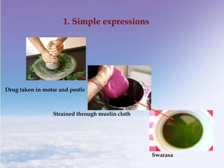 1. Simple expressions
Drug taken in motar and pestle
Strained through muslin cloth
Swarasa
 