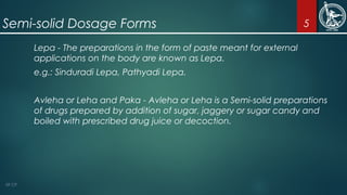 Semi-solid Dosage Forms
Lepa - The preparations in the form of paste meant for external
applications on the body are known as Lepa.
e.g.: Sinduradi Lepa, Pathyadi Lepa.
Avleha or Leha and Paka - Avleha or Leha is a Semi-solid preparations
of drugs prepared by addition of sugar, jaggery or sugar candy and
boiled with prescribed drug juice or decoction.
5
 