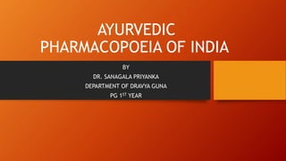AYURVEDIC
PHARMACOPOEIA OF INDIA
BY
DR. SANAGALA PRIYANKA
DEPARTMENT OF DRAVYA GUNA
PG 1ST YEAR
 