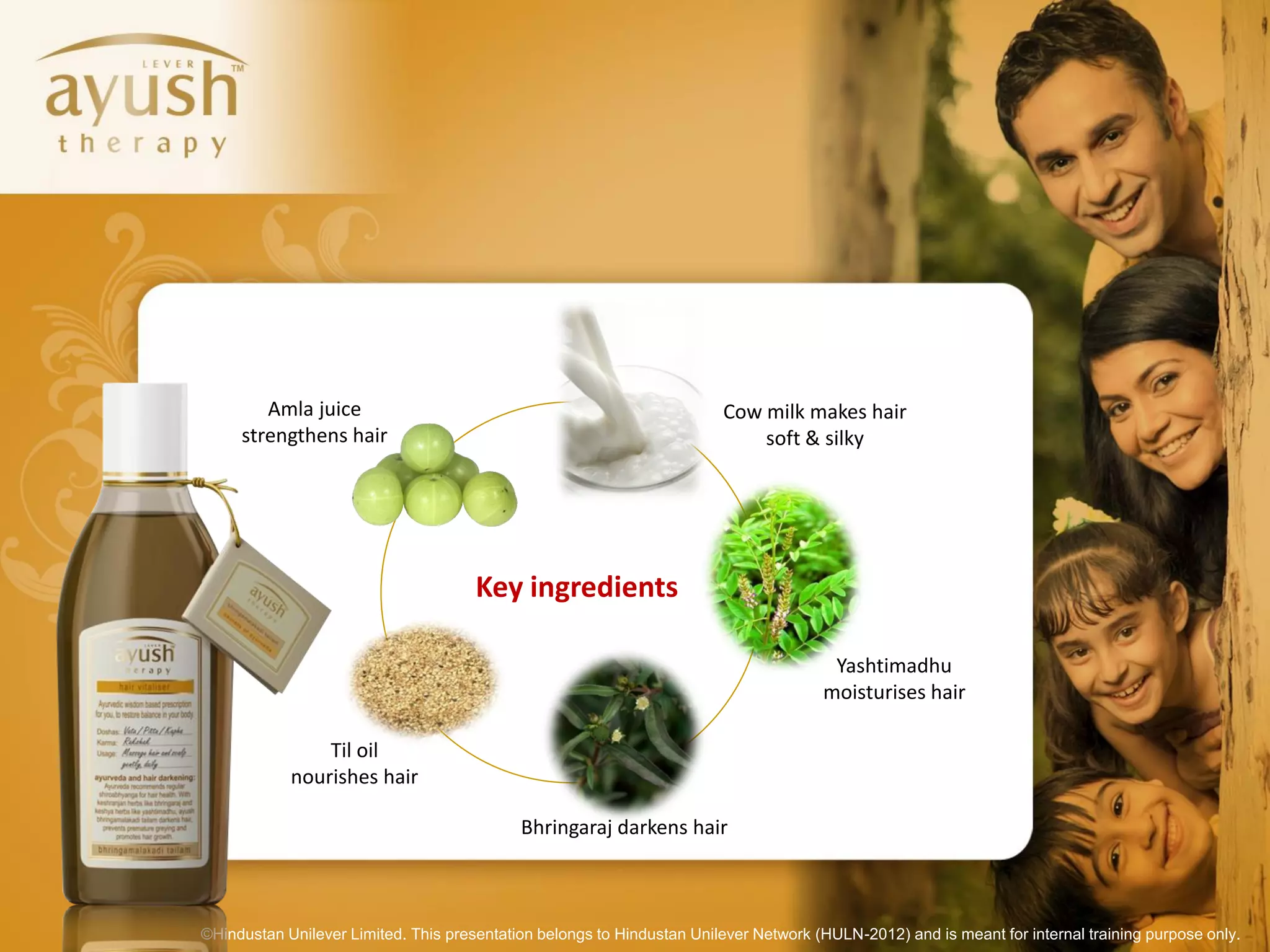 Amla juice                                                      Cow milk makes hair
     strengthens hair                                                       soft & silky




                                      Key ingredients

                                                                                       Yashtimadhu
                                                                                      moisturises hair

                Til oil
            nourishes hair

                                            Bhringaraj darkens hair



©Hindustan Unilever Limited. This presentation belongs to Hindustan Unilever Network (HULN-2012) and is meant for internal training purpose only.
 