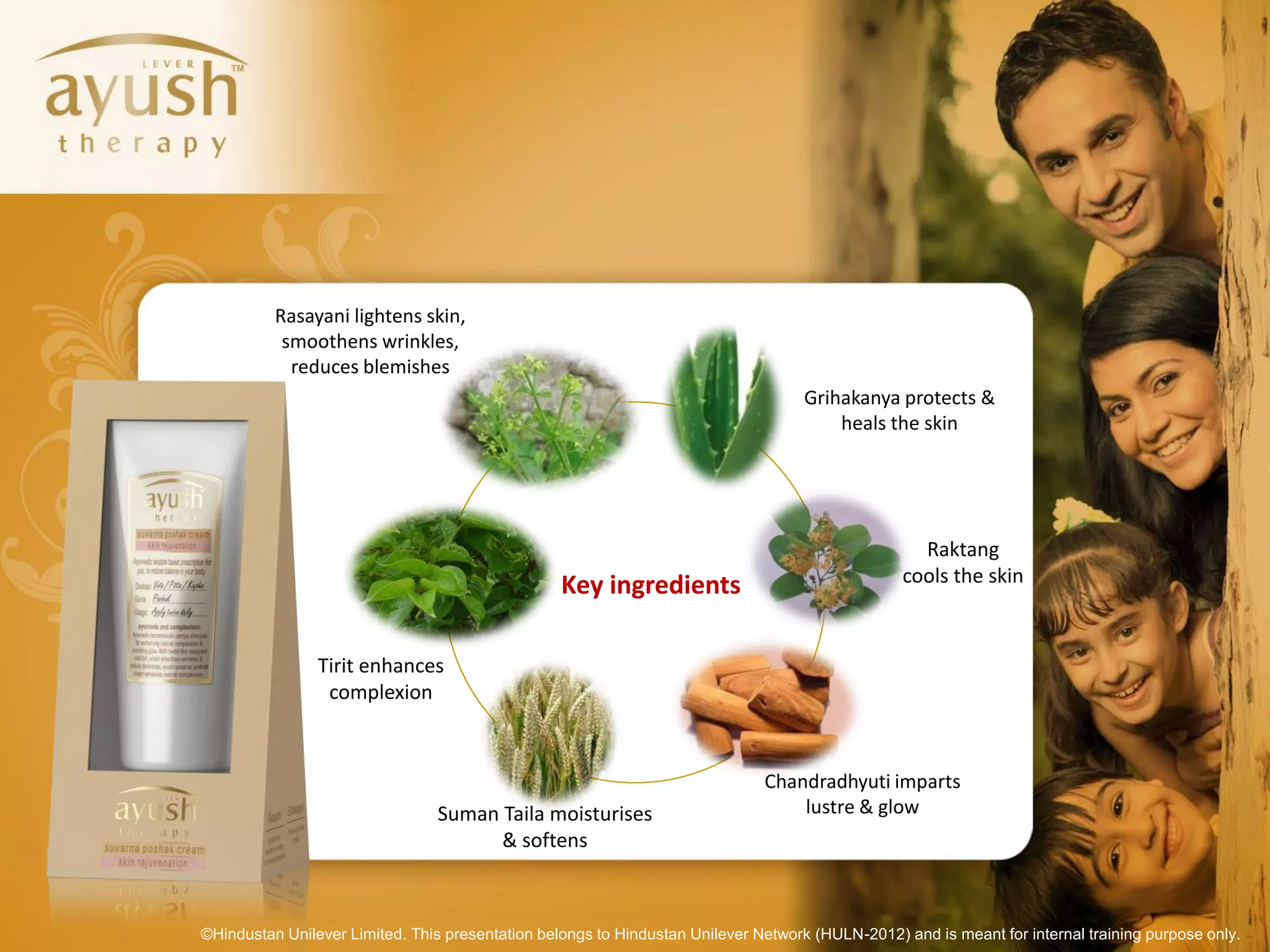 Rasayani lightens skin,
           smoothens wrinkles,
            reduces blemishes
                                                                                    Grihakanya protects &
                                                                                        heals the skin




                                                                                                   Raktang
                                                  Key ingredients                                cools the skin



                Tirit enhances
                 complexion



                                                                              Chandradhyuti imparts
                                 Suman Taila moisturises                          lustre & glow
                                       & softens



©Hindustan Unilever Limited. This presentation belongs to Hindustan Unilever Network (HULN-2012) and is meant for internal training purpose only.
 
