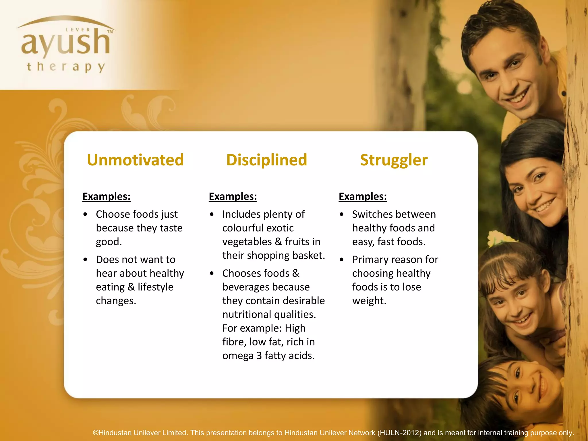 Unmotivated                               Disciplined                             Struggler
Examples:                           Examples:                               Examples:
• Choose foods just                 • Includes plenty of                    • Switches between
  because they taste                  colourful exotic                        healthy foods and
  good.                               vegetables & fruits in                  easy, fast foods.
• Does not want to                    their shopping basket.                • Primary reason for
  hear about healthy                • Chooses foods &                         choosing healthy
  eating & lifestyle                  beverages because                       foods is to lose
  changes.                            they contain desirable                  weight.
                                      nutritional qualities.
                                      For example: High
                                      fibre, low fat, rich in
                                      omega 3 fatty acids.




  ©Hindustan Unilever Limited. This presentation belongs to Hindustan Unilever Network (HULN-2012) and is meant for internal training purpose only.
 