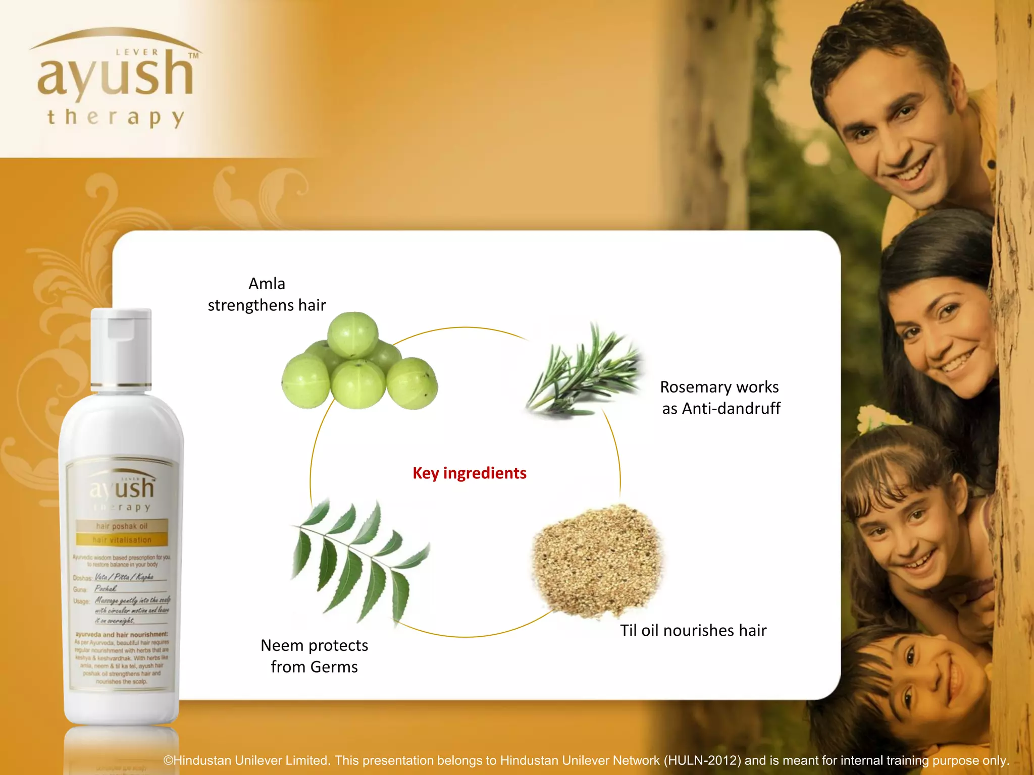 Amla
       strengthens hair



                                                                                     Rosemary works
                                                                                     as Anti-dandruff


                                          Key ingredients




                                                                              Til oil nourishes hair
                Neem protects
                 from Germs




©Hindustan Unilever Limited. This presentation belongs to Hindustan Unilever Network (HULN-2012) and is meant for internal training purpose only.
 