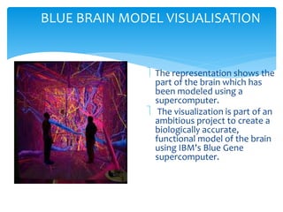 BLUE BRAIN MODEL VISUALISATION 
 The representation shows the 
part of the brain which has 
been modeled using a 
supercomputer. 
 The visualization is part of an 
ambitious project to create a 
biologically accurate, 
functional model of the brain 
using IBM's Blue Gene 
supercomputer. 
 