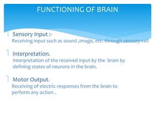 FUNCTIONING OF BRAIN 
 Sensory Input :- 
Receiving input such as sound ,image, etc. through sensory cell 
 Interpretation. 
Interpretation of the received input by the brain by 
defining states of neurons in the brain. 
 Motor Output. 
Receiving of electric responses from the brain to 
perform any action . 
 