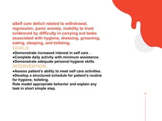 02
◘Self care deficit related to withdrawal,
regression, panic anxiety, inability to trust
evidenced by difficulty in carrying out tasks
associated with hygiene, dressing, grooming,
eating, sleeping, and toileting.
GOALS:
●Demonstrate increased interest in self care .
●Complete daily activity with minimum assistance.
●Demonstrate adequate personal hygiene skills.
INTERVENTION:
●Assess patientʼs ability to meet self care activities.
●Develop a structured schedule for patientʼs routine
for hygiene, toileting.
Role model appropriate behavior and explain any
task in short simple step.
 