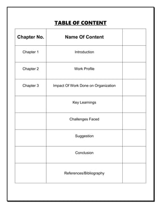 TABLE OF CONTENT
Chapter No. Name Of Content
Chapter 1 Introduction
Chapter 2 Work Profile
Chapter 3 Impact Of Work Done on Organization
Key Learnings
Challenges Faced
Suggestion
Conclusion
References/Bibliography
 