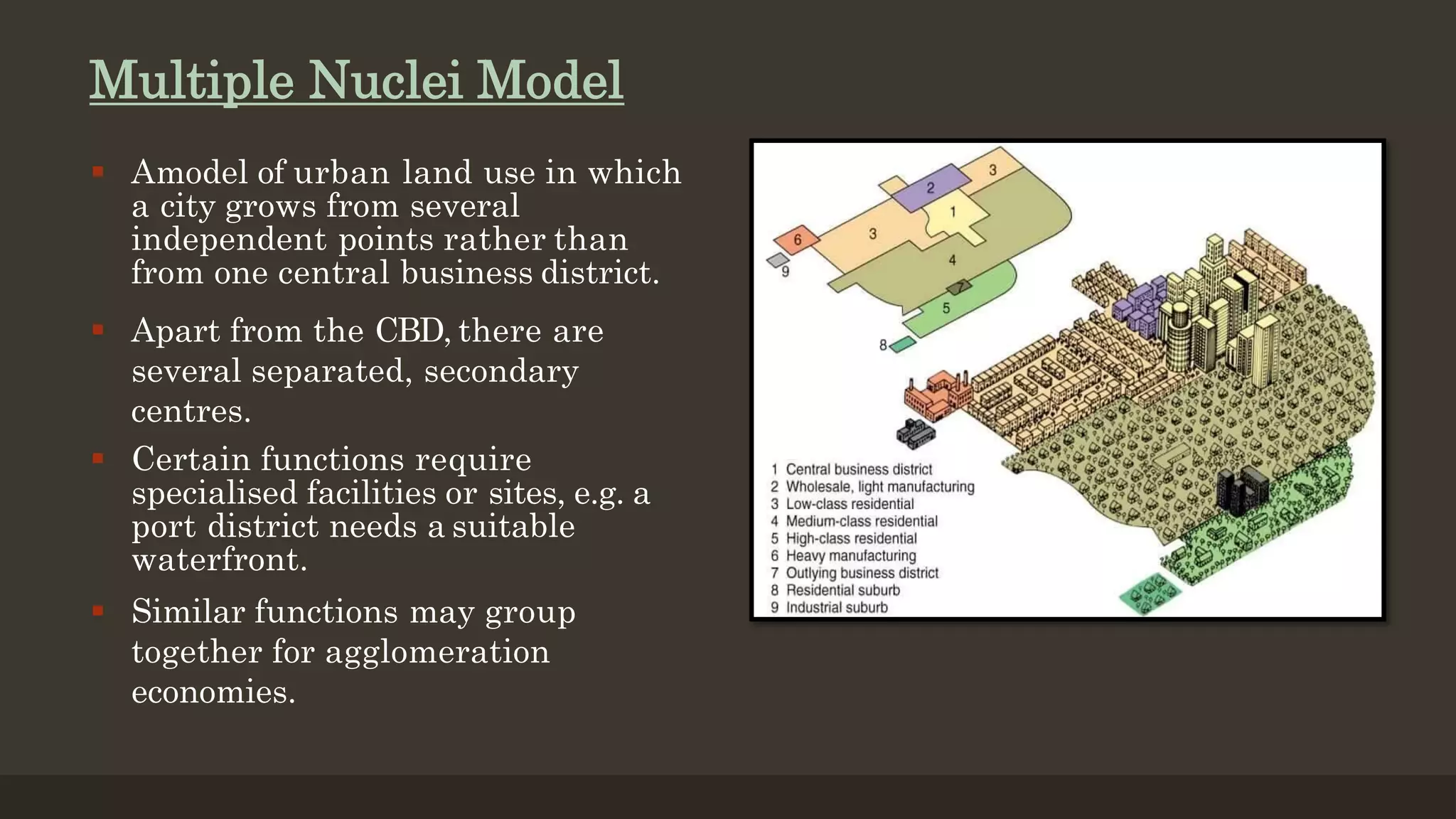 Multiple Nuclei Model
 Amodel of urban land use in which
a city grows from several
independent points rather than
from one central business district.
 Apart from the CBD, there are
several separated, secondary
centres.
 Certain functions require
specialised facilities or sites, e.g. a
port district needs a suitable
waterfront.
 Similar functions may group
together for agglomeration
economies.
 