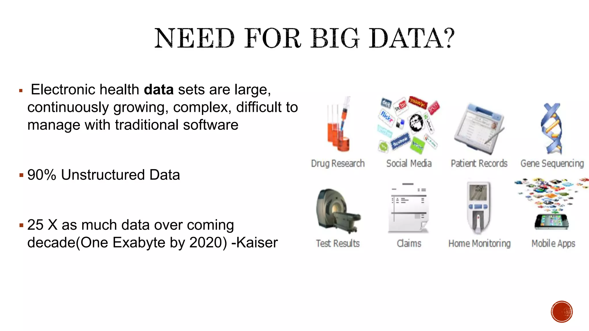 Electronic health data sets are large,
continuously growing, complex, difficult to
manage with traditional software
 90% Unstructured Data
 25 X as much data over coming
decade(One Exabyte by 2020) -Kaiser
 