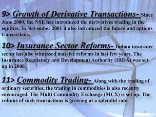9> Growth of Derivative Transactions- Since
June 2000, the NSE has introduced the derivatives trading in the
equities. In November 2001 it also introduced the future and options
transactions.
10> Insurance Sector Reforms- Indian insurance
sector has also witnessed massive reforms in last few years. The
Insurance Regulatory and Development Authority (IRDA) was set
up in 2000.
11> Commodity Trading- Along with the trading of
ordinary securities, the trading in commodities is also recently
encouraged. The Multi Commodity Exchange (MCX) is set up. The
volume of such transactions is growing at a splendid rate.
29
 