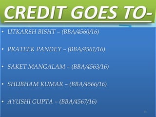 • UTKARSH BISHT – (BBA/4560/16)
• PRATEEK PANDEY – (BBA/4561/16)
• SAKET MANGALAM – (BBA/4563/16)
• SHUBHAM KUMAR – (BBA/4566/16)
• AYUSHI GUPTA – (BBA/4567/16)
31
 