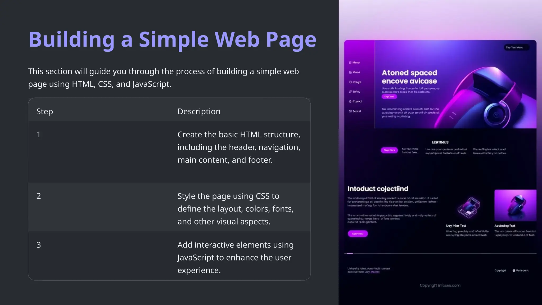 Building a Simple Web Page
This section will guide you through the process of building a simple web
page using HTML, CSS, and JavaScript.
Step Description
1 Create the basic HTML structure,
including the header, navigation,
main content, and footer.
2 Style the page using CSS to
define the layout, colors, fonts,
and other visual aspects.
3 Add interactive elements using
JavaScript to enhance the user
experience.
 