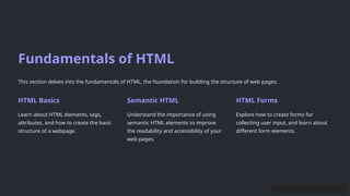 Fundamentals of HTML
This section delves into the fundamentals of HTML, the foundation for building the structure of web pages.
HTML Basics
Learn about HTML elements, tags,
attributes, and how to create the basic
structure of a webpage.
Semantic HTML
Understand the importance of using
semantic HTML elements to improve
the readability and accessibility of your
web pages.
HTML Forms
Explore how to create forms for
collecting user input, and learn about
different form elements.
 