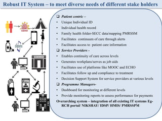 Robust IT System – to meet diverse needs of different stake holders
 Patient centric –
• Unique Individual ID
• Individual health record
• Family health folder-SECC data/mapping PMRSSM
• Facilitates continuum of care through alerts
• Facilitates access to patient care information
 Service Providers -
• Enables continuity of care across levels
• Generates workplans/serves as job aids
• Facilitates use of platforms like MOOC and ECHO
• Facilitates follow up and compliance to treatment
• Decision Support System for service providers at various levels
 Programme Managers-
• Dashboard for monitoring at different levels
• Provide monitoring reports to assess performance for payments
Overarching system – integration of all existing IT systems Eg-
RCH portal/ NIKSHAY/ IDSP/ HMIS/ PMRSSPM
 