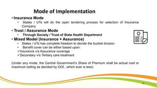 Mode of Implementation
• Insurance Mode
• States / UTs will do the open tendering process for selection of Insurance
Compa...