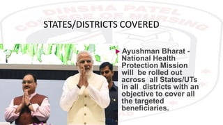 STATES/DISTRICTS COVERED
 Ayushman Bharat -
National Health
Protection Mission
will be rolled out
across all States/UTs
in all districts with an
objective to cover all
the targeted
beneficiaries.
 