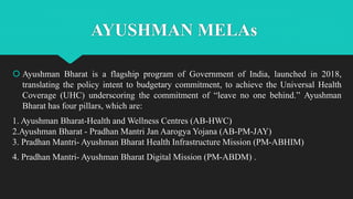 AYUSHMAN MELAs
 Ayushman Bharat is a flagship program of Government of India, launched in 2018,
translating the policy intent to budgetary commitment, to achieve the Universal Health
Coverage (UHC) underscoring the commitment of “leave no one behind.” Ayushman
Bharat has four pillars, which are:
1. Ayushman Bharat-Health and Wellness Centres (AB-HWC)
2.Ayushman Bharat - Pradhan Mantri Jan Aarogya Yojana (AB-PM-JAY)
3. Pradhan Mantri- Ayushman Bharat Health Infrastructure Mission (PM-ABHIM)
4. Pradhan Mantri- Ayushman Bharat Digital Mission (PM-ABDM) .
 
