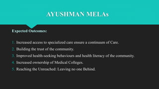 AYUSHMAN MELAs
Expected Outcomes:
1. Increased access to specialized care ensure a continuum of Care.
2. Building the trust of the community.
3. Improved health-seeking behaviours and health literacy of the community.
4. Increased ownership of Medical Colleges.
5. Reaching the Unreached: Leaving no one Behind.
 