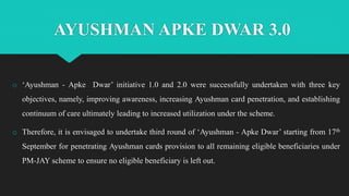 AYUSHMAN APKE DWAR 3.0
o ‘Ayushman - Apke Dwar’ initiative 1.0 and 2.0 were successfully undertaken with three key
objectives, namely, improving awareness, increasing Ayushman card penetration, and establishing
continuum of care ultimately leading to increased utilization under the scheme.
o Therefore, it is envisaged to undertake third round of ‘Ayushman - Apke Dwar’ starting from 17th
September for penetrating Ayushman cards provision to all remaining eligible beneficiaries under
PM-JAY scheme to ensure no eligible beneficiary is left out.
 