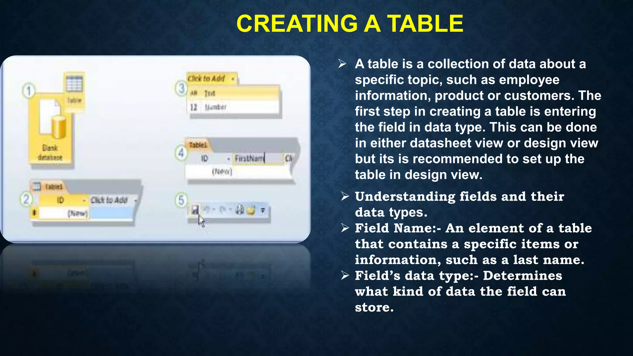 CREATING A TABLE
 A table is a collection of data about a
specific topic, such as employee
information, product or customers. The
first step in creating a table is entering
the field in data type. This can be done
in either datasheet view or design view
but its is recommended to set up the
table in design view.
 Understanding fields and their
data types.
 Field Name:- An element of a table
that contains a specific items or
information, such as a last name.
 Field’s data type:- Determines
what kind of data the field can
store.
 