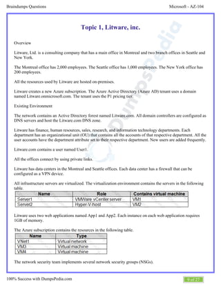 Microsoft - AZ-104Braindumps Questions
9 of 27100% Success with DumpsPedia.com
Topic 1, Litware, inc.
Overview
Litware, Ltd. is a consulting company that has a main office in Montreal and two branch offices in Seattle and
New York.
The Montreal office has 2,000 employees. The Seattle office has 1,000 employees. The New York office has
200 employees.
All the resources used by Litware are hosted on-premises.
Litware creates a new Azure subscription. The Azure Active Directory (Azure AD) tenant uses a domain
named Litware.onmicrosoft.com. The tenant uses the P1 pricing tier.
Existing Environment
The network contains an Active Directory forest named Litware.com. All domain controllers are configured as
DNS servers and host the Litware.com DNS zone.
Litware has finance, human resources, sales, research, and information technology departments. Each
department has an organizational unit (OU) that contains all the accounts of that respective department. All the
user accounts have the department attribute set to their respective department. New users are added frequently.
Litware.com contains a user named User1.
All the offices connect by using private links.
Litware has data centers in the Montreal and Seattle offices. Each data center has a firewall that can be
configured as a VPN device.
All infrastructure servers are virtualized. The virtualization environment contains the servers in the following
table.
Litware uses two web applications named App1 and App2. Each instance on each web application requires
1GB of memory.
The Azure subscription contains the resources in the following table.
The network security team implements several network security groups (NSGs).
 
