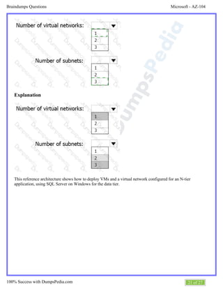 Microsoft - AZ-104Braindumps Questions
21 of 27100% Success with DumpsPedia.com
Explanation
This reference architecture shows how to deploy VMs and a virtual network configured for an N-tier
application, using SQL Server on Windows for the data tier.
 
