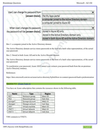 Microsoft - AZ-104Braindumps Questions
7 of 27100% Success with DumpsPedia.com
Box 1: a computer joined in the Active Directory domain
The Active Directory domain service stores passwords in the form of a hash value representation, of the actual
user password.
Box 2: Stored in both Azure AD and in the Active Director domain
The Active Directory domain service stores passwords in the form of a hash value representation, of the actual
user password.
To synchronize your password, Azure AD Connect sync extracts your password hash from the on-premises
Active Directory instance.
References:
https://docs.microsoft.com/en-us/azure/active-directory/hybrid/how-to-connect-password-hash-synchronization
Question #:4 - (Exam Topic 6)
You have an Azure subscription that contains the resources shown in the following table.
VM1 connects to VNET1.
 