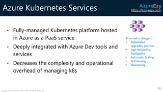 https://azureezy.com
© 2020 AzureEzy and AzureTalk. All rights reserved!
Azure Kubernetes Services
36
At no extra charges !
• Automated
upgrades, patches
• High Reliability,
Availability
• Automatic Scaling
• Self-Healing
• Monitoring
• Fully-managed Kubernetes platform hosted
in Azure as a PaaS service
• Deeply integrated with Azure Dev tools and
services
• Decreases the complexity and operational
overhead of managing k8s
 