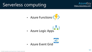 https://azureezy.com
© 2020 AzureEzy and AzureTalk. All rights reserved!
Serverless computing
• Azure Functions
• Azure Logic Apps
• Azure Event Grid
50
 
