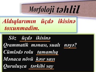 Aldıqlarımın üçdə ikisinə
 toxunmadim.
  Söz üçdə ikisinə
Qrammatik mənası, sualı nəyə?
Cümlədə rolu tamamlıq
Mənaca növü kəsr sayı
Quruluşca tərkibi say
 