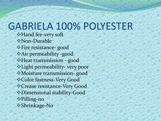 GABRIELA 100% POLYESTER
Hand fee-very soft
Non-Durable
Fire resistance- good
Air permeability -good
Heat transmission - good
Light permeability- very poor
Moisture transmission- good
Color fastness-Very Good
Crease resistance-Very Good
Dimensional stability-Good
Pilling-no
Shrinkage-No
 