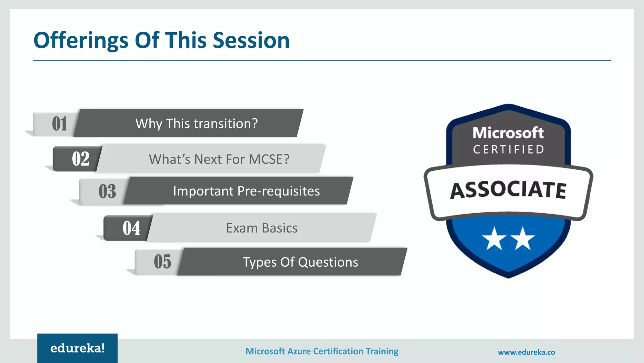 Microsoft Azure Certification Training www.edureka.co
Offerings Of This Session
01 Why This transition?
02 What’s Next For MCSE?
03 Important Pre-requisites
04 Exam Basics
05 Types Of Questions
 