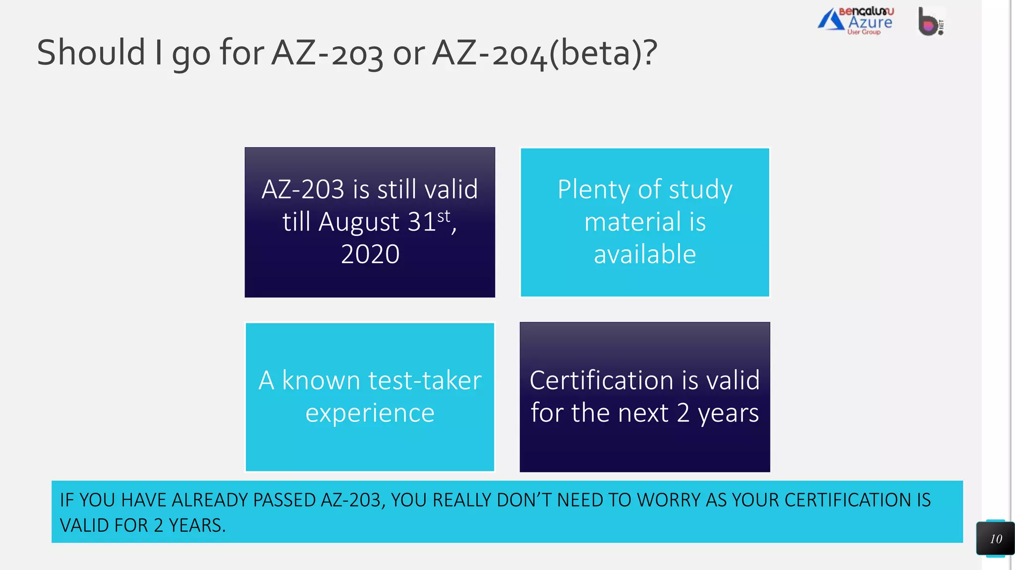 Should I go for AZ-203 or AZ-204(beta)?
10
AZ-203 is still valid
till August 31st,
2020
Plenty of study
material is
available
A known test-taker
experience
Certification is valid
for the next 2 years
IF YOU HAVE ALREADY PASSED AZ-203, YOU REALLY DON’T NEED TO WORRY AS YOUR CERTIFICATION IS
VALID FOR 2 YEARS.
 