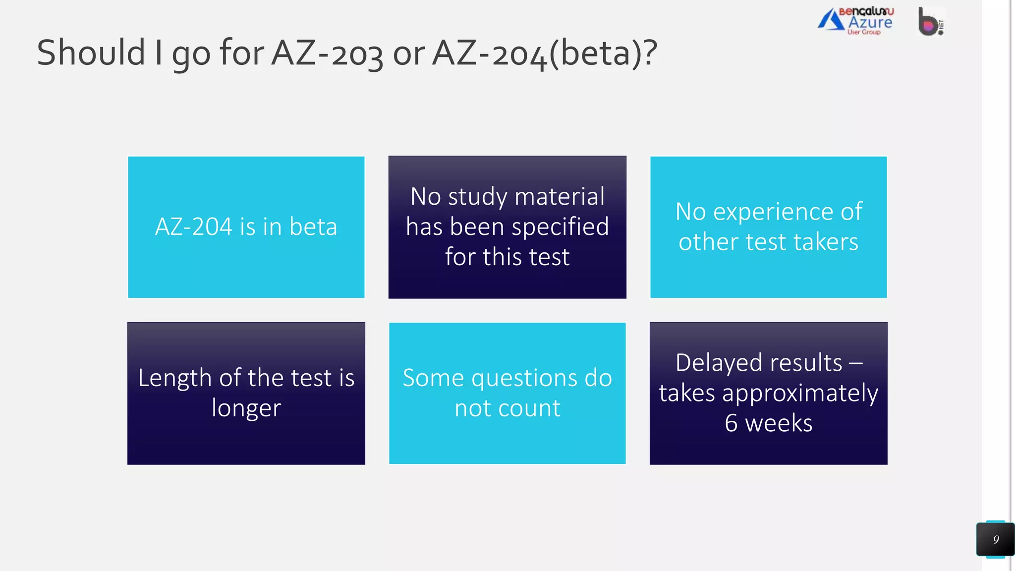 Should I go for AZ-203 or AZ-204(beta)?
9
AZ-204 is in beta
No study material
has been specified
for this test
No experience of
other test takers
Length of the test is
longer
Some questions do
not count
Delayed results –
takes approximately
6 weeks
 