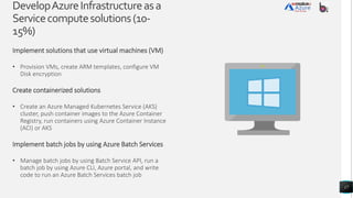 DevelopAzureInfrastructureasa
Servicecomputesolutions(10-
15%)
Implement solutions that use virtual machines (VM)
• Provision VMs, create ARM templates, configure VM
Disk encryption
Create containerized solutions
• Create an Azure Managed Kubernetes Service (AKS)
cluster, push container images to the Azure Container
Registry, run containers using Azure Container Instance
(ACI) or AKS
Implement batch jobs by using Azure Batch Services
• Manage batch jobs by using Batch Service API, run a
batch job by using Azure CLI, Azure portal, and write
code to run an Azure Batch Services batch job
17
 