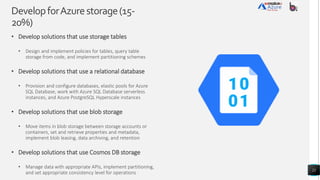 DevelopforAzurestorage(15-
20%)
• Develop solutions that use storage tables
• Design and implement policies for tables, query table
storage from code, and implement partitioning schemes
• Develop solutions that use a relational database
• Provision and configure databases, elastic pools for Azure
SQL Database, work with Azure SQL Database serverless
instances, and Azure PostgreSQL Hyperscale instances
• Develop solutions that use blob storage
• Move items in blob storage between storage accounts or
containers, set and retrieve properties and metadata,
implement blob leasing, data archiving, and retention
• Develop solutions that use Cosmos DB storage
• Manage data with appropriate APIs, implement partitioning,
and set appropriate consistency level for operations
21
 