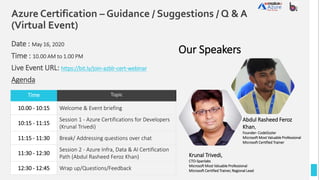 Azure Certification – Guidance / Suggestions / Q & A
(Virtual Event)
Date : May 16, 2020
Time : 10.00 AM to 1.00 PM
Live Event URL: https://bit.ly/join-azblr-cert-webinar
Agenda
Time Topic
10.00 - 10:15 Welcome & Event briefing
10:15 - 11:15
Session 1 - Azure Certifications for Developers
(Krunal Trivedi)
11:15 - 11:30 Break/ Addressing questions over chat
11:30 - 12:30
Session 2 - Azure Infra, Data & AI Certification
Path (Abdul Rasheed Feroz Khan)
12:30 - 12:45 Wrap up/Questions/Feedback
Our Speakers
Krunal Trivedi,
CTO-Spanlabs
Microsoft Most Valuable Professional
Microsoft Certified Trainer, Regional Lead
Abdul Rasheed Feroz
Khan,
Founder- CodeSizzler
Microsoft Most Valuable Professional
Microsoft Certified Trainer
 