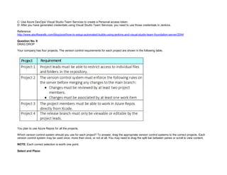 32089CCD4065D8007AAC70B72B479F83
C: Use Azure DevOps/ Visual Studio Team Services to create a Personal access token.
D: After you have generated credentials using Visual Studio Team Services, you need to use those credentials in Jenkins.
Reference:
http://www.aisoftwarellc.com/blog/post/how-to-setup-automated-builds-using-jenkins-and-visual-studio-team-foundation-server/2044
Question No. 9
DRAG DROP
Your company has four projects. The version control requirements for each project are shown in the following table.
You plan to use Azure Repos for all the projects.
Which version control system should you use for each project? To answer, drag the appropriate version control systems to the correct projects. Each
version control system may be used once, more than once, or not at all. You may need to drag the split bar between panes or scroll to view content.
NOTE: Each correct selection is worth one point.
Select and Place:
 