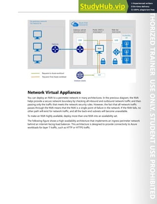 Network Security 123
Network Virtual Appliances
You can deploy an NVA to a perimeter network in many architectures. In the previous diagram, the NVA
helps provide a secure network boundary by checking all inbound and outbound network traffic and then
passing only the traffic that meets the network security rules. However, the fact that all network traffic
passes through the NVA means that the NVA is a single point of failure in the network. If the NVA fails, no
other path will exist for network traffic, and all the back-end subnets will become unavailable.
To make an NVA highly available, deploy more than one NVA into an availability set.
The following figure shows a high-availability architecture that implements an ingress perimeter network
behind an internet-facing load balancer. This architecture is designed to provide connectivity to Azure
workloads for layer 7 traffic, such as HTTP or HTTPS traffic.
 