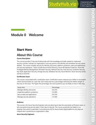 Module 0 Welcome
Start Here
About this Course
Course Description
This course provides IT Security Professionals with the knowledge and skills needed to implement
security controls, maintain an organization’s security posture, and identify and remediate security vulner-
abilities. This course includes security for identity and access, platform protection, data and applications,
and security operations. Topics include Azure Active Directory, Azure AD Identity Protection, Azure AD
Privileged Identity Management, Perimeter Security, Network Security, Host Security, Container Security,
Key Vault, Application Security, Storage Security, Database Security, Azure Monitor, Azure Security Center,
and Azure Sentinel.
Certification Exam
This course is associated with a certification exam. Certification exams measure your ability to accomplish
certain technical tasks for a job role. Each study area has a percentage indicating the relative weight of
the area on the exam. The higher the percentage, the more questions you are likely to have in that area.
Study Area Percentage
Manage identity and access 20-25%
Implement platform protection 35-40%
Secure data and applications 30-35%
Manage security operations 15-20%
Audience
This course is for Azure Security Engineers who are planning to take the associated certification exam, or
who are performing security tasks in their day-to-day job. This course would also be helpful to an
engineer that wants to specialize in providing security for Azure-based digital platforms and plays an
integral role in protecting an organization's data.
Azure Security Engineers
 