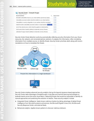 146 Module 2 Implement platform protection
Security Center threat detection works by automatically collecting security information from your Azure
resources, the network, and connected partner solutions. It analyzes this information, often correlating
information from multiple sources, to identify threats. Security Center prioritizes alerts along with recom-
mendations on how to remediate the threats.
Security Center employs advanced security analytics that go far beyond signature-based approaches.
Security Center takes advantage of breakthroughs in big data and machine learning technologies to
evaluate events across the entire cloud fabric—detecting threats that would be impossible to identify via
manual approaches and predicting the evolution of attacks. These security analytics include:
● Integrated threat intelligence. Seeks known malicious hackers by taking advantage of global threat
intelligence from Microsoft products and services, the Microsoft Digital Crimes Unit, the Microsoft
Security Response Center, and external feeds.
● Behavioral analytics. Applies known patterns to discover malicious behavior.
 
