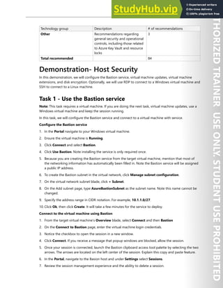 Host Security 149
Technology group Description # of recommendations
Other Recommendations regarding
general security and operational
controls, including those related
to Azure Key Vault and resource
locks
3
Total recommended 84
Demonstration- Host Security
In this demonstration, we will configure the Bastion service, virtual machine updates, virtual machine
extensions, and disk encryption. Optionally, we will use RDP to connect to a Windows virtual machine and
SSH to connect to a Linux machine.
Task 1 - Use the Bastion service
Note: This task requires a virtual machine. If you are doing the next task, virtual machine updates, use a
Windows virtual machine and keep the session running.
In this task, we will configure the Bastion service and connect to a virtual machine with service.
Configure the Bastion service
1. In the Portal navigate to your Windows virtual machine.
2. Ensure the virtual machine is Running.
3. Click Connect and select Bastion.
4. Click Use Bastion. Note installing the service is only required once.
5. Because you are creating the Bastion service from the target virtual machine, mention that most of
the networking information has automatically been filled in. Note the Bastion service will be assigned
a public IP address.
6. To create the Bastion subnet in the virtual network, click Manage subnet configuration.
7. On the virtual network subnet blade, click + Subnet.
8. On the Add subnet page, type AzureBastionSubnet as the subnet name. Note this name cannot be
changed.
9. Specify the address range in CIDR notation. For example, 10.1.1.0/27.
10. Click Ok, then click Create. It will take a few minutes for the service to deploy.
Connect to the virtual machine using Bastion
1. From the target virtual machine’s Overview blade, select Connect and then Bastion
2. On the Connect to Bastion page, enter the virtual machine login credentials.
3. Notice the checkbox to open the session in a new window.
4. Click Connect. If you receive a message that popup windows are blocked, allow the session.
5. Once your session is connected, launch the Bastion clipboard access tool palette by selecting the two
arrows. The arrows are located on the left center of the session. Explain this copy and paste feature.
6. In the Portal, navigate to the Basion host and under Settings select Sessions.
7. Review the session management experience and the ability to delete a session.
 