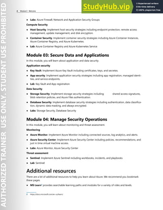 4 Module 0 Welcome
● Labs: Azure Firewall, Network and Application Security Groups
Compute Security
● Host Security. Implement host security strategies including endpoint protection, remote access
management, update management, and disk encryption.
● Container Security. Implement container security strategies including Azure Container Instances,
Azure Container Registry, and Azure Kubernetes.
● Lab: Azure Container Registry and Azure Kubernetes Service
Module 03: Secure Data and Applications
In this module, you will learn about application and data security.
Application security
● Key Vault. Implement Azure Key Vault including certificates, keys, and secretes.
● App security. Implement application security strategies including app registration, managed identi-
ties, and service endpoints.
● Lab: Key Vault and App registration
Data Security
● Storage Security. Implement storage security strategies including shared access signatures,
blob retention policies, and Azure Files authentication.
● Database Security. Implement database security strategies including authentication, data classifica-
tion, dynamic data masking, and always encrypted.
● Labs: Storage Security, Database Security
Module 04: Manage Security Operations
In this module, you will learn about monitoring and threat assessment.
Monitoring
● Azure Monitor. Implement Azure Monitor including connected sources, log analytics, and alerts.
● Azure Security Center. Implement Azure Security Center including policies, recommendations, and
just in time virtual machine access.
● Labs: Azure Monitor, Azure Security Center
Threat assessment
● Sentinel. Implement Azure Sentinel including workbooks, incidents, and playbooks
● Lab: Sentinel
Additional resources
There are a lot of additional resources to help you learn about Azure. We recommend you bookmark
these pages.
● MS Learn2
provides searchable learning paths and modules for a variety of roles and levels.
2 https://docs.microsoft.com/en-us/learn/
 