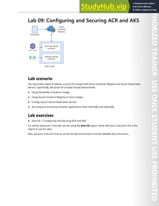 Hands-on Labs 177
Lab 09: Configuring and Securing ACR and AKS
Lab scenario
You have been asked to deploy a proof of concept with Azure Container Registry and Azure Kubernetes
Service. Specifically, the proof of concept should demonstrate:
● Using Dockerfile to build an image.
● Using Azure Container Registry to store images.
● Configuring an Azure Kubernetes Service.
● Securing and accessing container applications both internally and externally.
Lab exercises
● Exercise 1: Configuring and Securing ACR and AKS
For all the resources in this lab, we are using the East US region. Verify with your instructor this is the
region to use for class.
Also, ask your instructor how to access the lab environment and the detailed lab instructions.
 