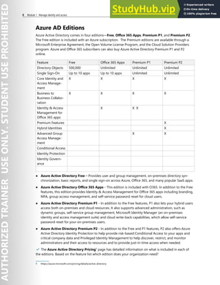 8 Module 1 Manage identity and access
Azure AD Editions
Azure Active Directory comes in four editions—Free, Office 365 Apps, Premium P1, and Premium P2.
The Free edition is included with an Azure subscription. The Premium editions are available through a
Microsoft Enterprise Agreement, the Open Volume License Program, and the Cloud Solution Providers
program. Azure and Office 365 subscribers can also buy Azure Active Directory Premium P1 and P2
online.
Feature Free Office 365 Apps Premium P1 Premium P2
Directory Objects 500,000 Unlimited Unlimited Unlimited
Single Sign-On Up to 10 apps Up to 10 apps Unlimited Unlimited
Core Identity and
Access Manage-
ment
X X X X
Business to
Business Collabo-
ration
X X X X
Identity & Access
Management for
Office 365 apps
X X X
Premium Features X
Hybrid Identities X
Advanced Group
Access Manage-
ment
X X
Conditional Access
Identity Protection
Identity Govern-
ance
● Azure Active Directory Free – Provides user and group management, on-premises directory syn-
chronization, basic reports, and single sign-on across Azure, Office 365, and many popular SaaS apps.
● Azure Active Directory Office 365 Apps - This edition is included with O365. In addition to the Free
features, this edition provides Identity & Access Management for Office 365 apps including branding,
MFA, group access management, and self-service password reset for cloud users.
● Azure Active Directory Premium P1 - In addition to the Free features, P1 also lets your hybrid users
access both on-premises and cloud resources. It also supports advanced administration, such as
dynamic groups, self-service group management, Microsoft Identity Manager (an on-premises
identity and access management suite) and cloud write-back capabilities, which allow self-service
password reset for your on-premises users.
● Azure Active Directory Premium P2 - In addition to the Free and P1 features, P2 also offers Azure
Active Directory Identity Protection to help provide risk-based Conditional Access to your apps and
critical company data and Privileged Identity Management to help discover, restrict, and monitor
administrators and their access to resources and to provide just-in-time access when needed.
✔️ The Azure Active Directory Pricing1
page has detailed information on what is included in each of
the editions. Based on the feature list which edition does your organization need?
1 https://azure.microsoft.com/pricing/details/active-directory
 