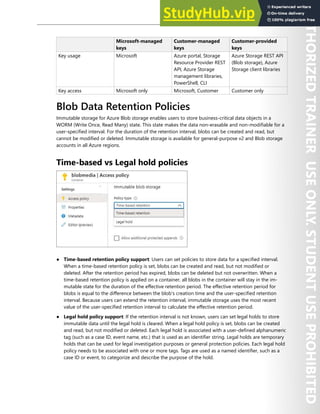 Storage Security 225
Microsoft-managed
keys
Customer-managed
keys
Customer-provided
keys
Key usage Microsoft Azure portal, Storage
Resource Provider REST
API, Azure Storage
management libraries,
PowerShell, CLI
Azure Storage REST API
(Blob storage), Azure
Storage client libraries
Key access Microsoft only Microsoft, Customer Customer only
Blob Data Retention Policies
Immutable storage for Azure Blob storage enables users to store business-critical data objects in a
WORM (Write Once, Read Many) state. This state makes the data non-erasable and non-modifiable for a
user-specified interval. For the duration of the retention interval, blobs can be created and read, but
cannot be modified or deleted. Immutable storage is available for general-purpose v2 and Blob storage
accounts in all Azure regions.
Time-based vs Legal hold policies
● Time-based retention policy support: Users can set policies to store data for a specified interval.
When a time-based retention policy is set, blobs can be created and read, but not modified or
deleted. After the retention period has expired, blobs can be deleted but not overwritten. When a
time-based retention policy is applied on a container, all blobs in the container will stay in the im-
mutable state for the duration of the effective retention period. The effective retention period for
blobs is equal to the difference between the blob's creation time and the user-specified retention
interval. Because users can extend the retention interval, immutable storage uses the most recent
value of the user-specified retention interval to calculate the effective retention period.
● Legal hold policy support: If the retention interval is not known, users can set legal holds to store
immutable data until the legal hold is cleared. When a legal hold policy is set, blobs can be created
and read, but not modified or deleted. Each legal hold is associated with a user-defined alphanumeric
tag (such as a case ID, event name, etc.) that is used as an identifier string. Legal holds are temporary
holds that can be used for legal investigation purposes or general protection policies. Each legal hold
policy needs to be associated with one or more tags. Tags are used as a named identifier, such as a
case ID or event, to categorize and describe the purpose of the hold.
 