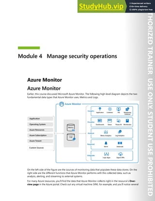 Module 4 Manage security operations
Azure Monitor
Azure Monitor
Earlier, this course discussed Microsoft Azure Monitor. The following high-level diagram depicts the two
fundamental data types that Azure Monitor uses, Metrics and Logs.
On the left side of the figure are the sources of monitoring data that populate these data stores. On the
right side are the different functions that Azure Monitor performs with this collected data, such as
analysis, alerting, and streaming to external systems.
For many Azure resources, you’ll find the data that Azure Monitor collects right in the resource’s Over-
view page in the Azure portal. Check out any virtual machine (VM). for example, and you'll notice several
 